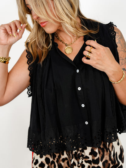 Sleeveless Pleated Button Down Top With Eyelet Trim - Freckled Poppy