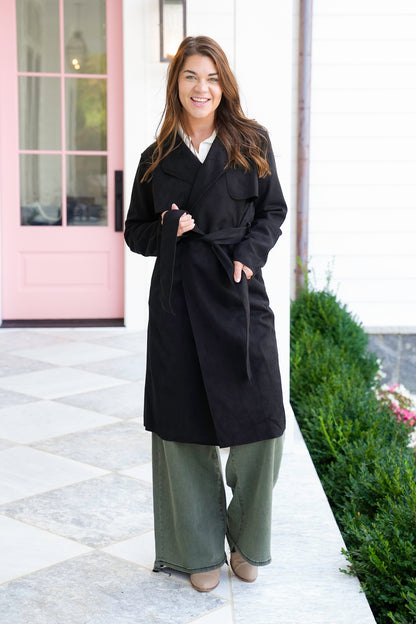 Vegan Suede Long Sleeve Belted Trench Coat