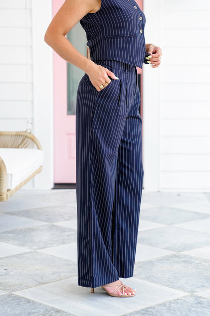 Navy Pinstriped Wide-Leg Pants