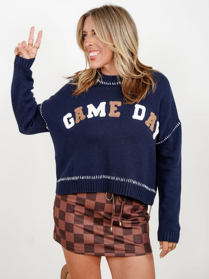 Plus/Reg Long Sleeve "Game Day" Patch Pullover Sweater - Freckled Poppy