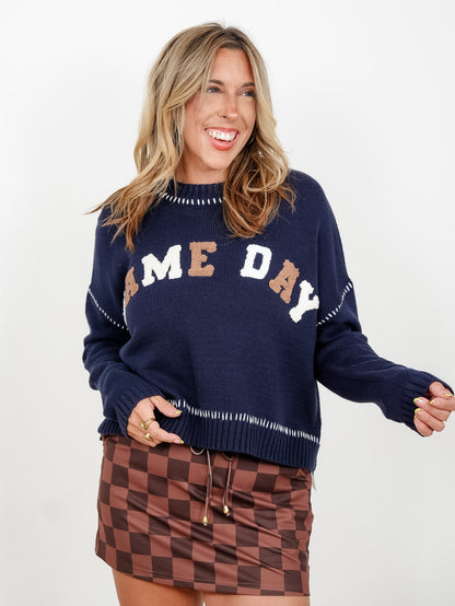 Plus/Reg Long Sleeve "Game Day" Patch Pullover Sweater - Freckled Poppy