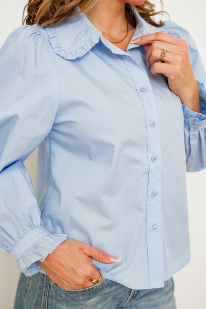 Solid Long Sleeve Button Up Collared Top with Ruffles
