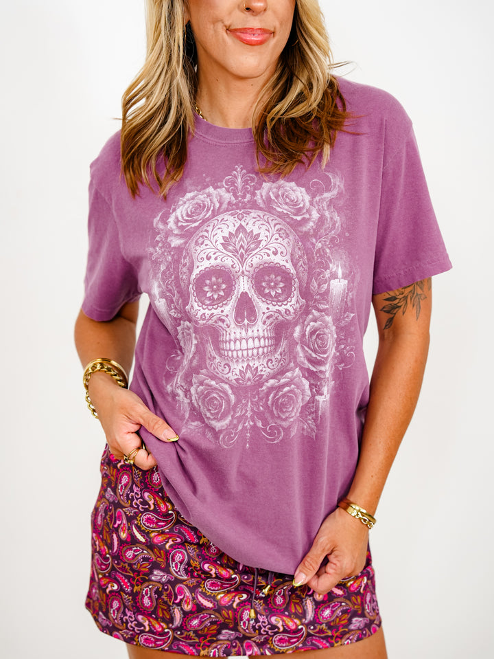 Plus/Reg Short Sleeve Floral Sugar Skull Graphic Tee - Freckled Poppy