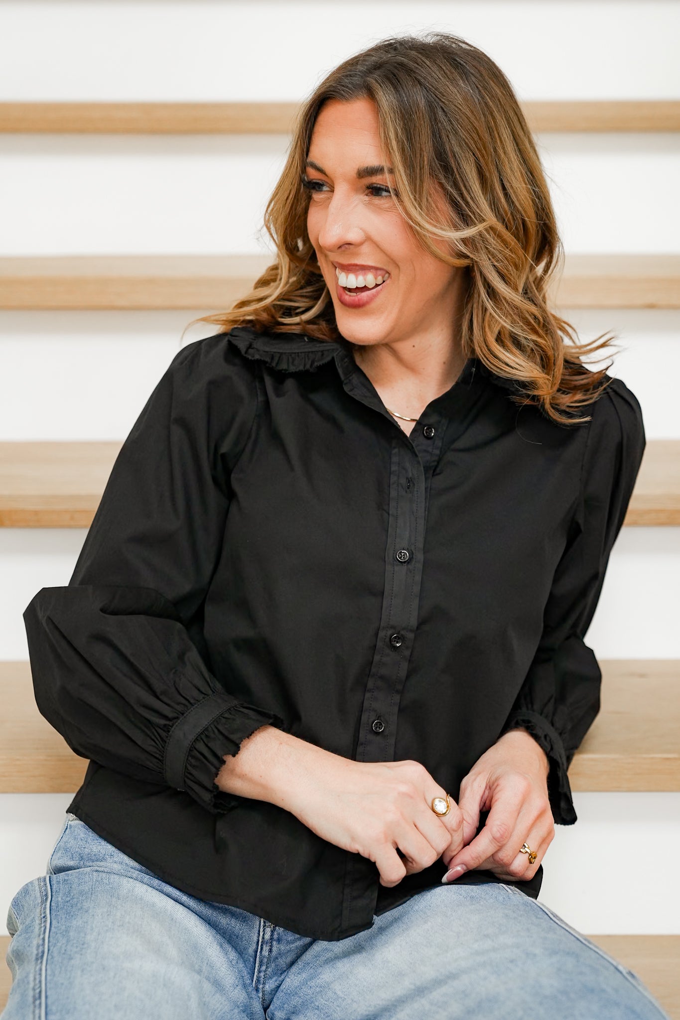 Solid Long Sleeve Button Up Collared Top with Ruffles