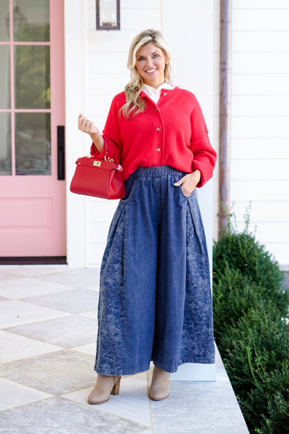 Denim Floral Print Elastic Waist Wide Leg Pants