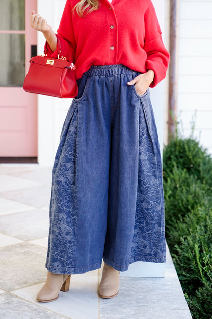 Denim Floral Print Elastic Waist Wide Leg Pants