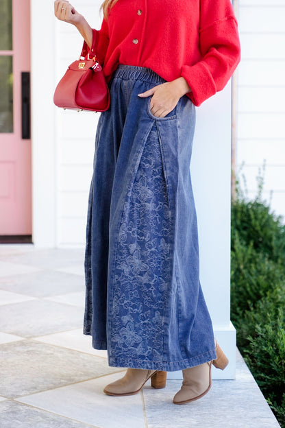 Denim Floral Print Elastic Waist Wide Leg Pants