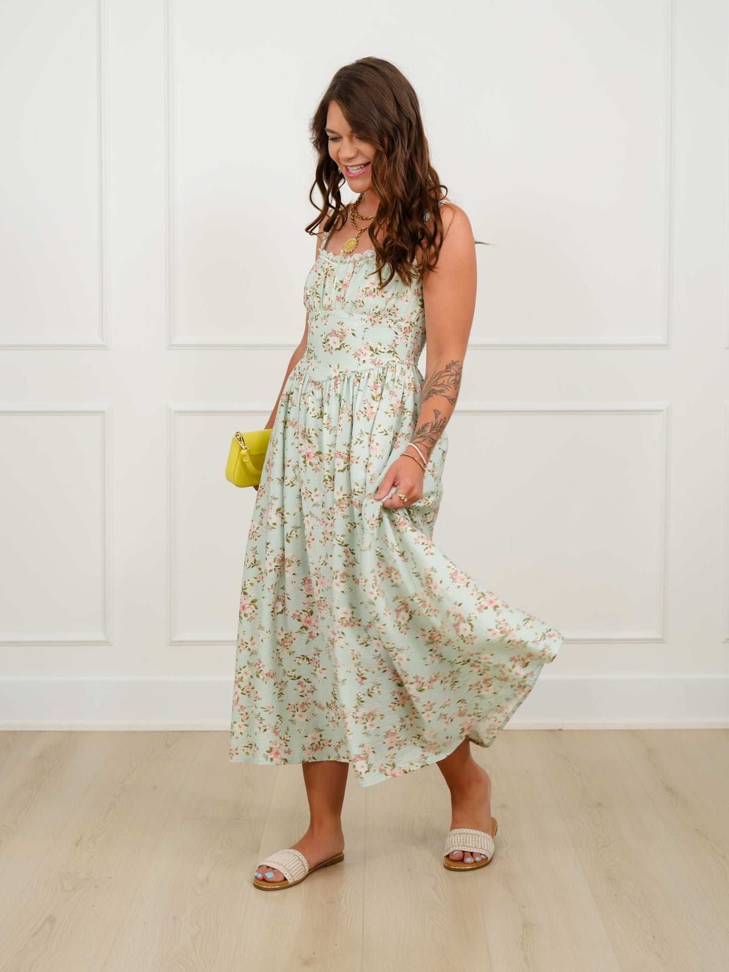 Mint Floral Sleeveless Midi Dress with Lace Trim