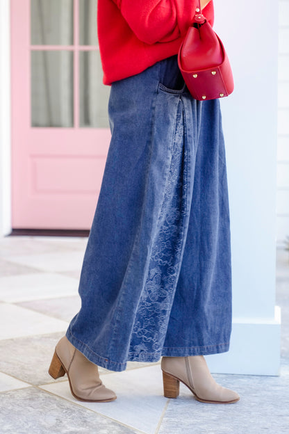 Denim Floral Print Elastic Waist Wide Leg Pants