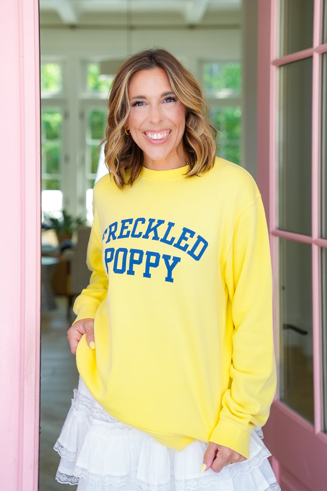 Plus/Reg Yellow Long Sleeve "Freckled Poppy" Graphic Sweatshirt