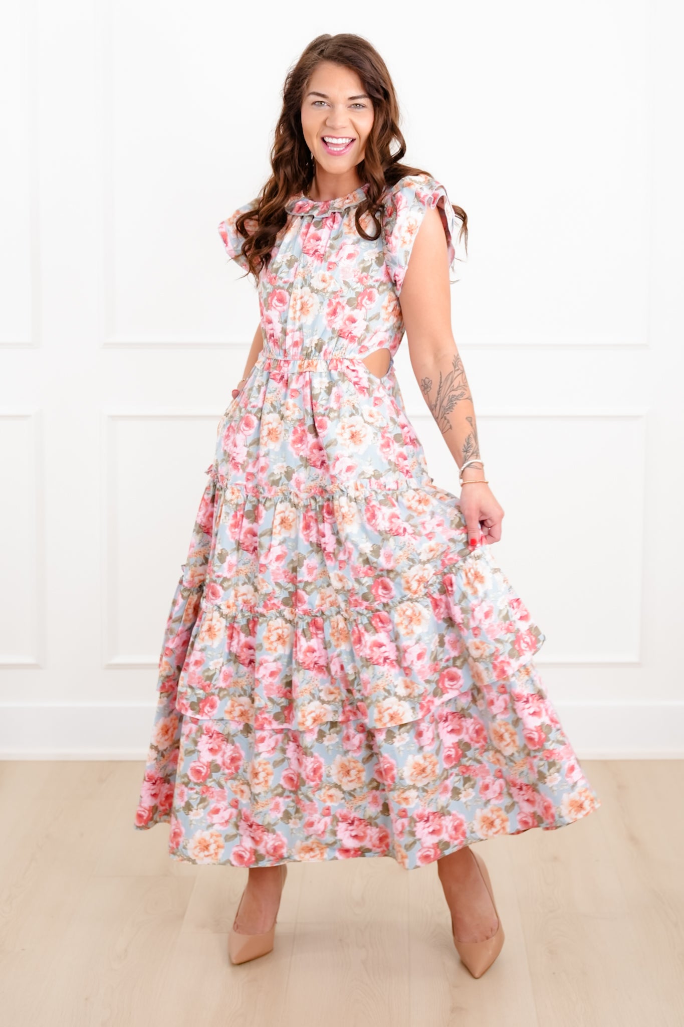 Floral Print Tiered Maxi Dress with Side Cut Out Detail Pink / S