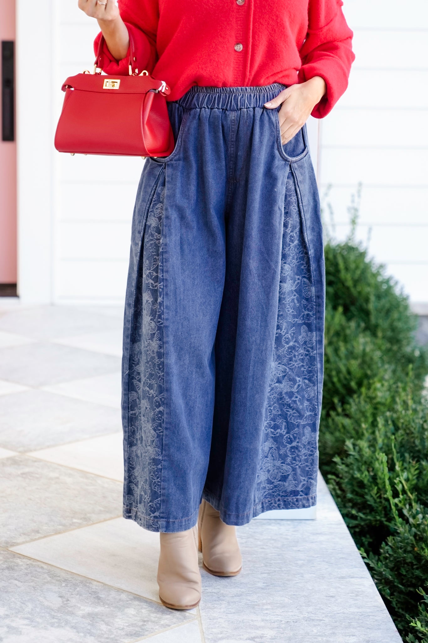 Denim Floral Print Elastic Waist Wide Leg Pants
