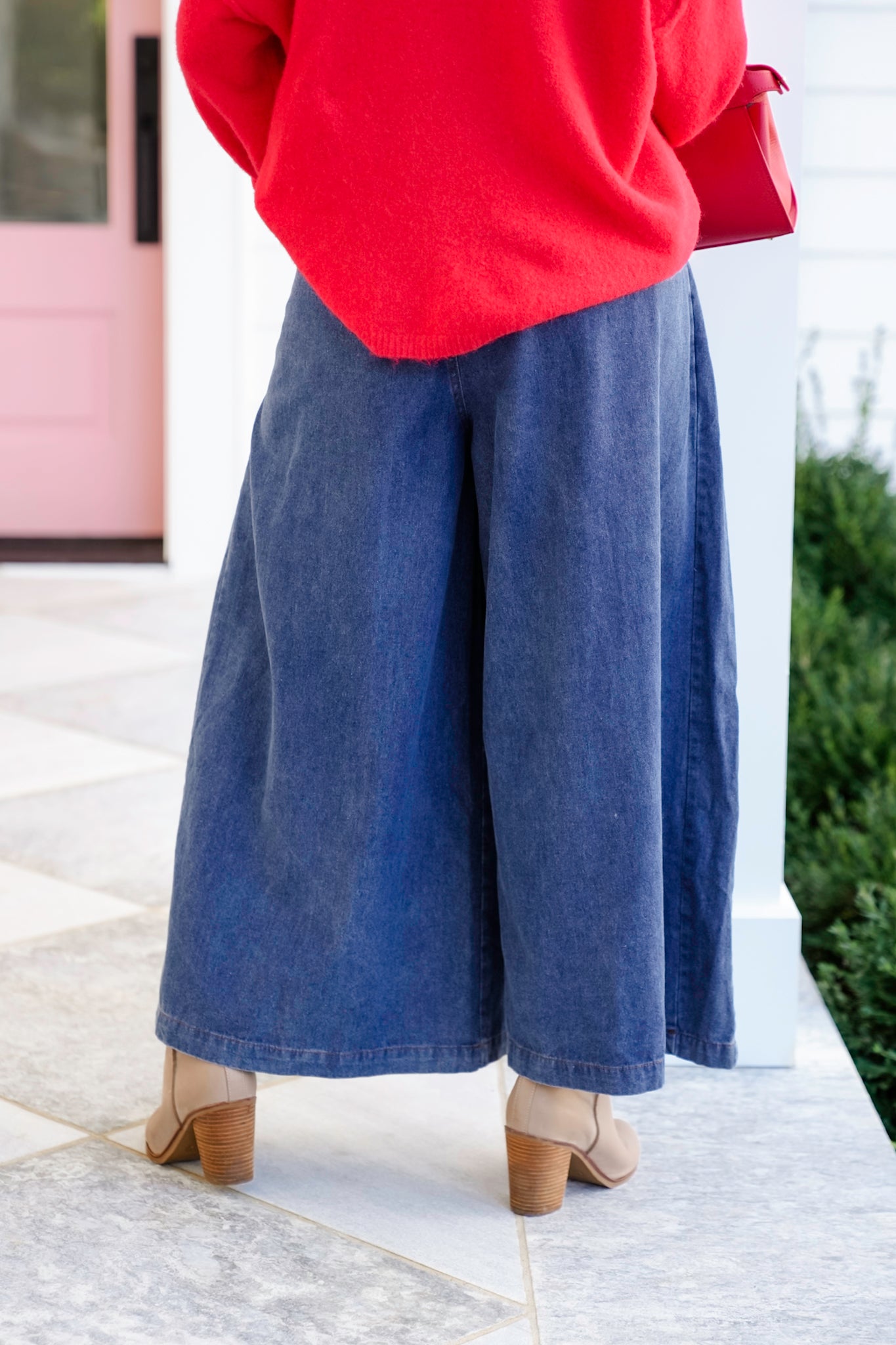 Denim Floral Print Elastic Waist Wide Leg Pants