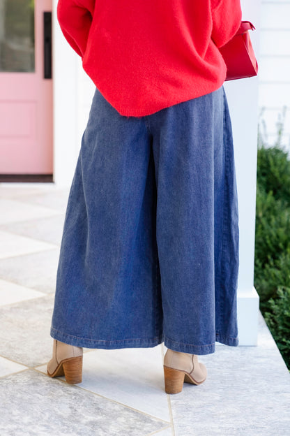 Denim Floral Print Elastic Waist Wide Leg Pants