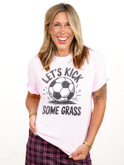 Plus/Reg Short Sleeve "Let's Kick Some Grass" Soccer Graphic Tee - Freckled Poppy