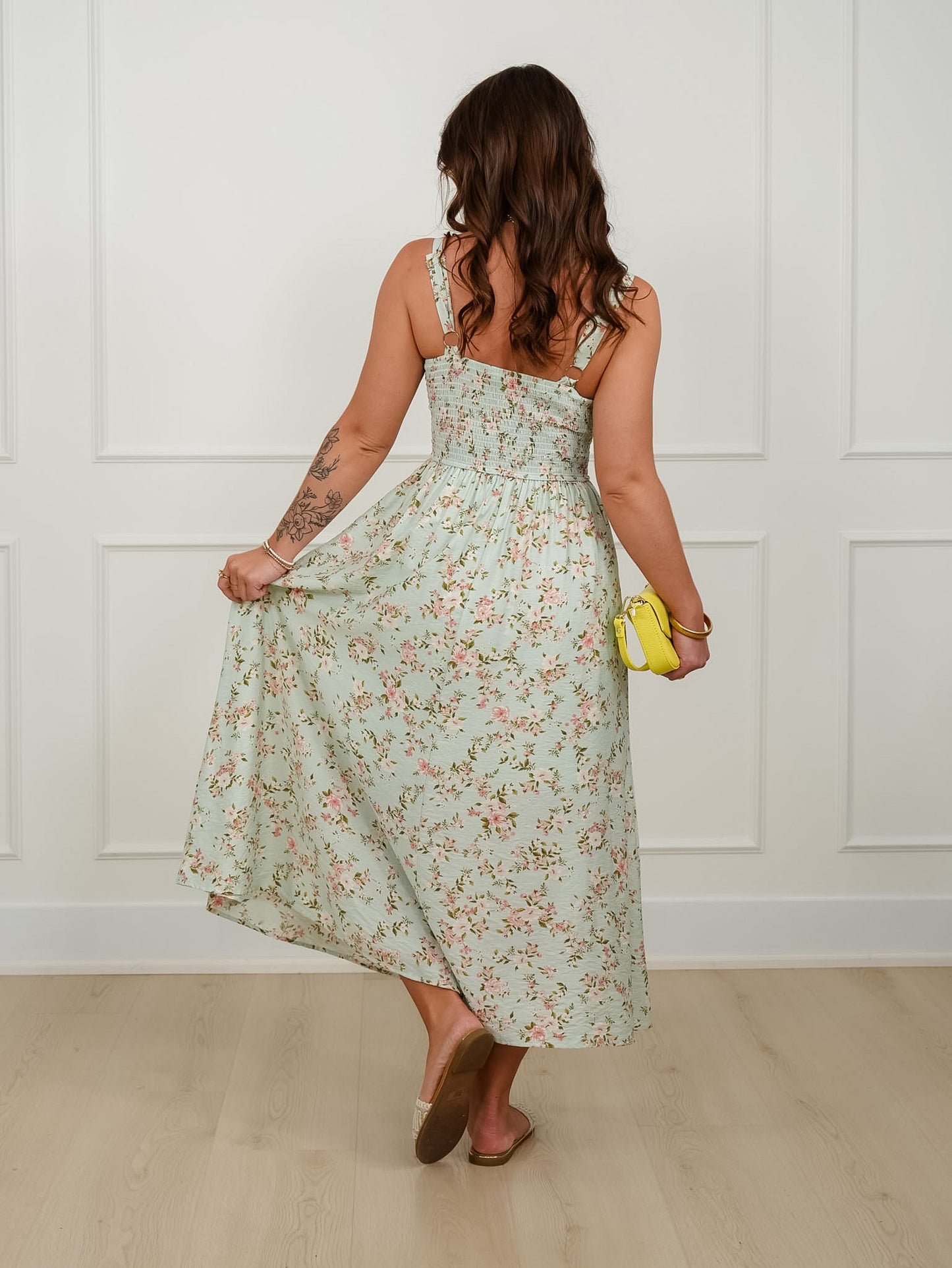 Mint Floral Sleeveless Midi Dress with Lace Trim