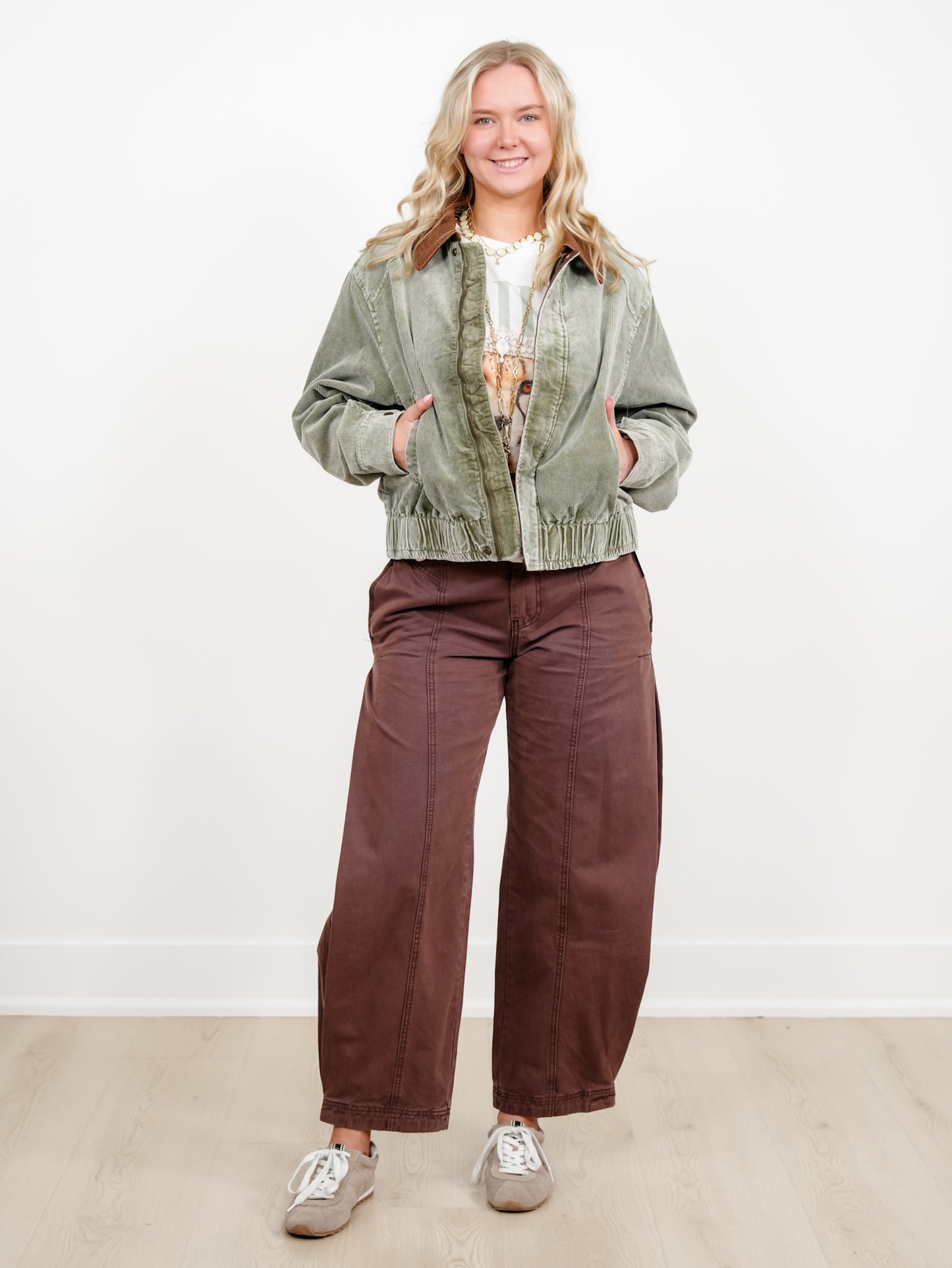 Plus/Reg Mineral Wash Corduroy Zip Up Bomber Jacket - Freckled Poppy