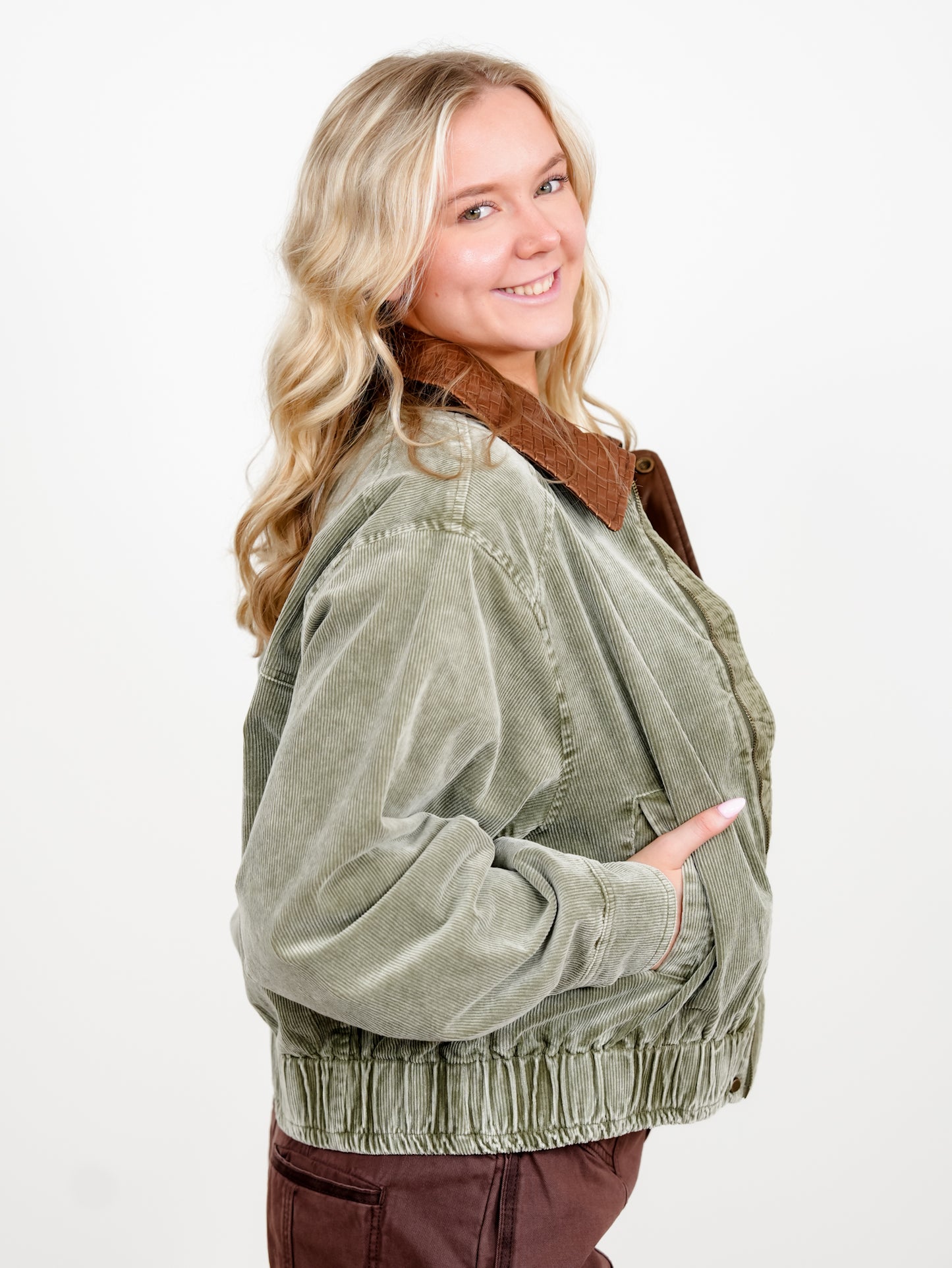 Plus/Reg Mineral Wash Corduroy Zip Up Bomber Jacket - Freckled Poppy