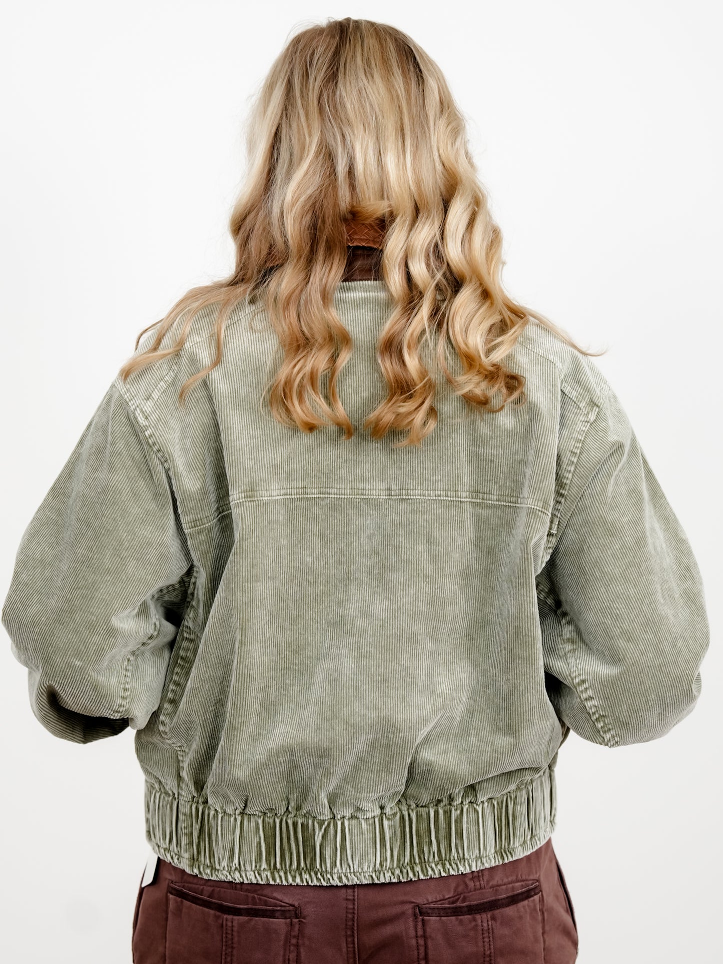 Plus/Reg Mineral Wash Corduroy Zip Up Bomber Jacket - Freckled Poppy