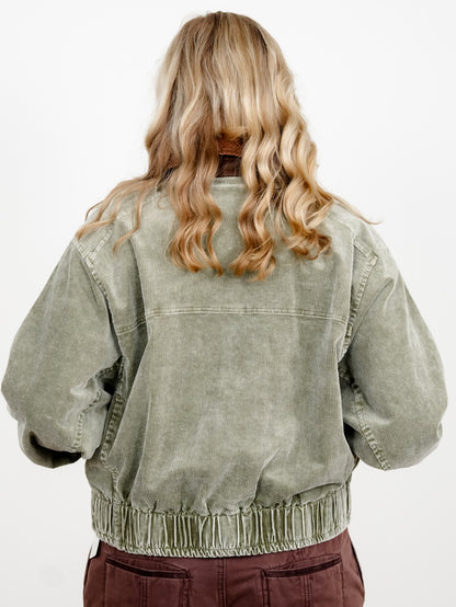 Plus/Reg Mineral Wash Corduroy Zip Up Bomber Jacket - Freckled Poppy