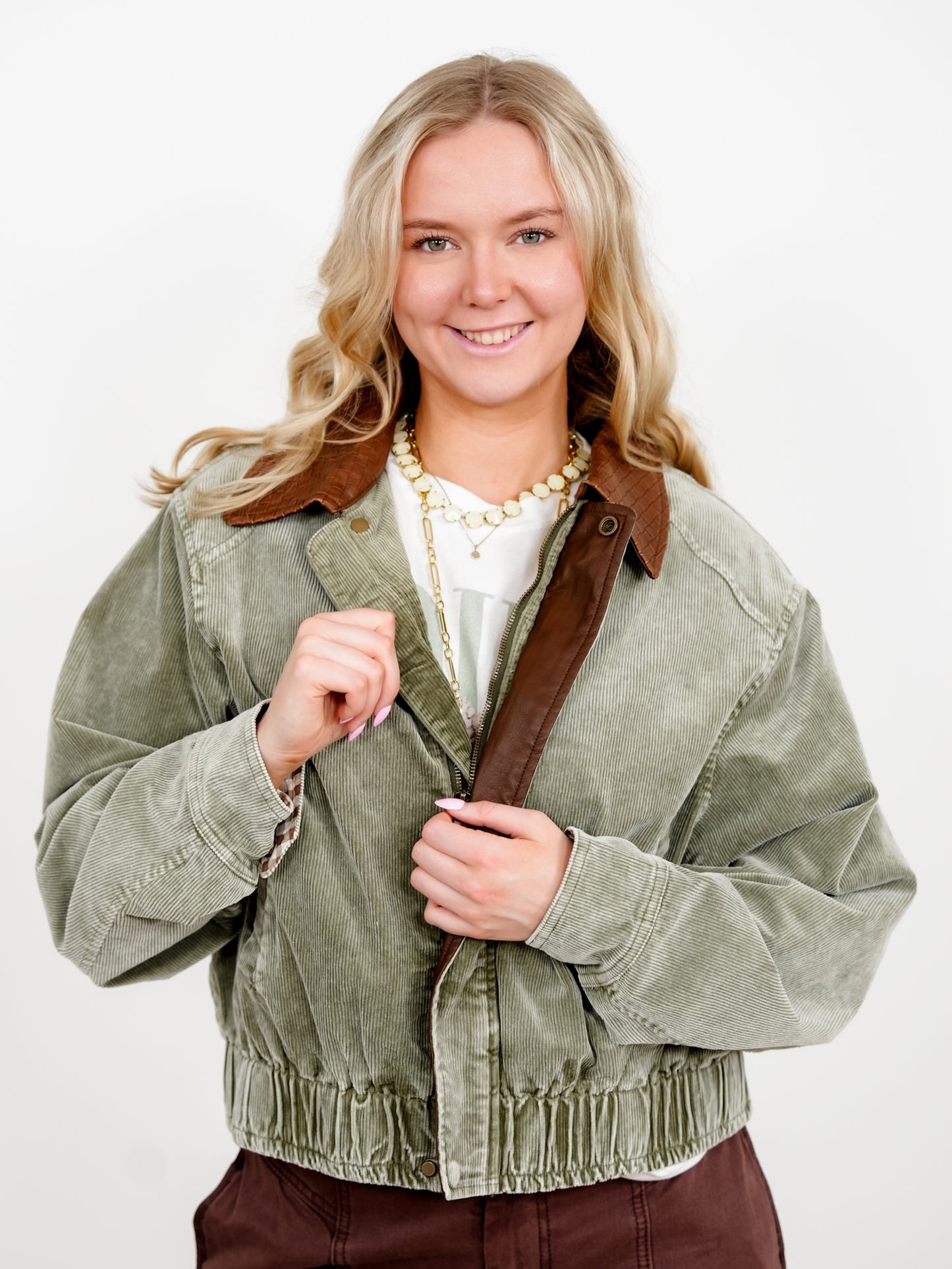 Plus/Reg Mineral Wash Corduroy Zip Up Bomber Jacket - Freckled Poppy