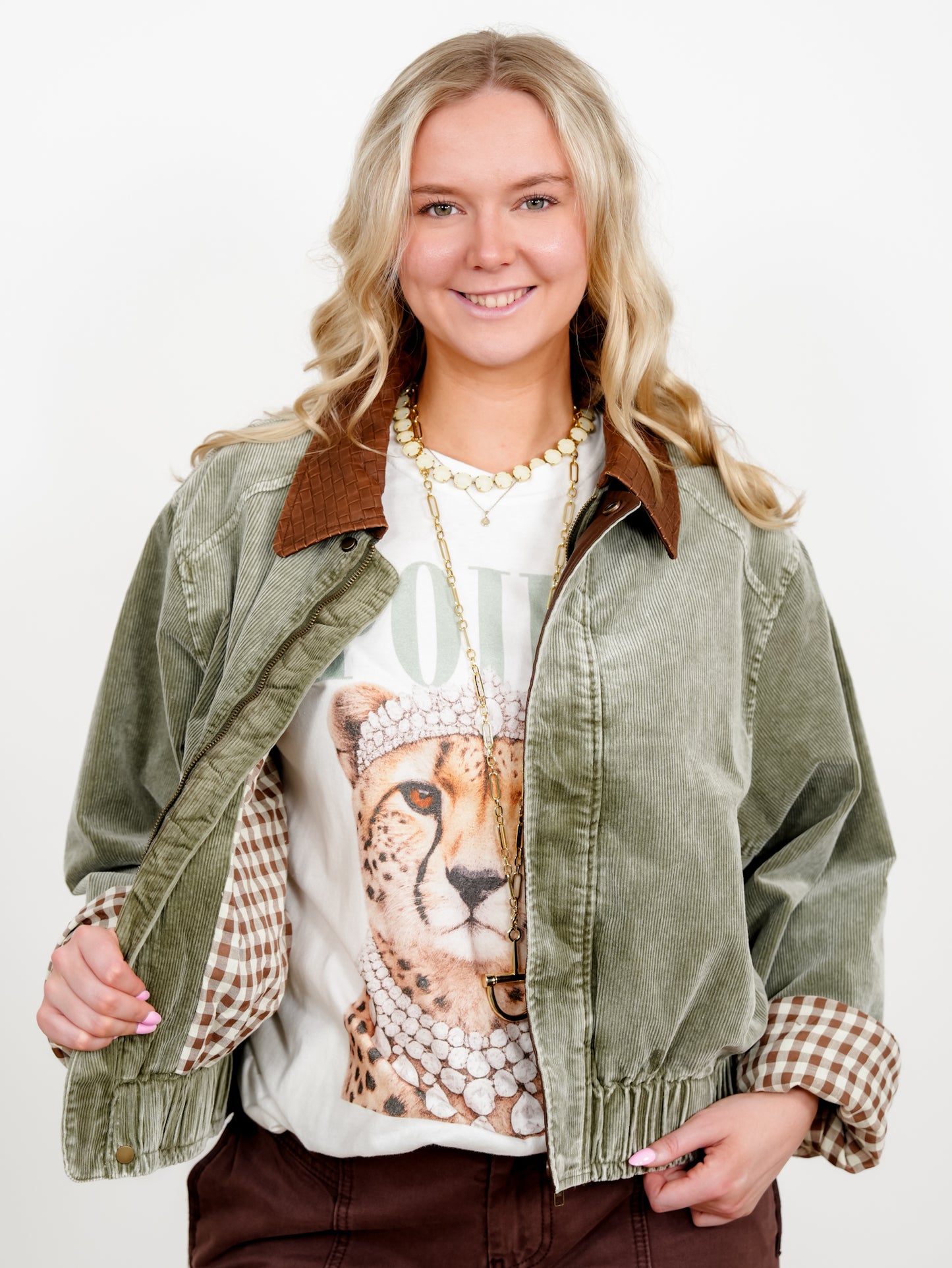 Plus/Reg Mineral Wash Corduroy Zip Up Bomber Jacket - Freckled Poppy