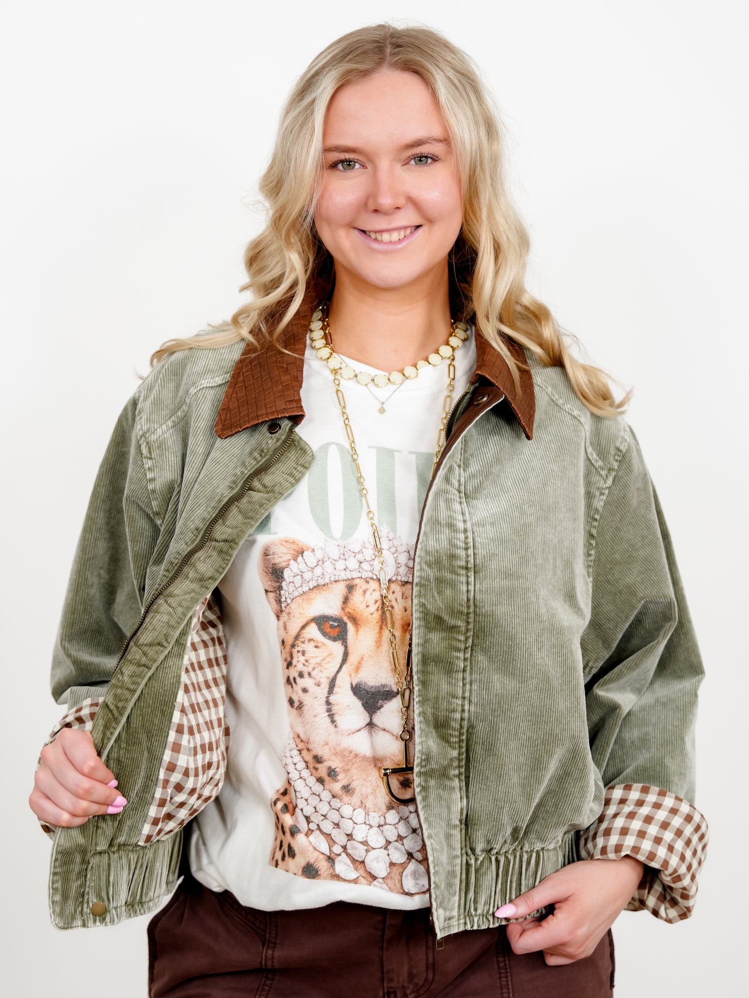 Plus/Reg Mineral Wash Corduroy Zip Up Bomber Jacket - Freckled Poppy