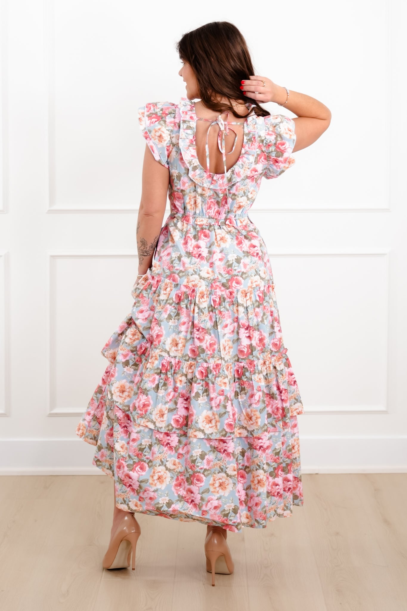 Floral Print Tiered Maxi Dress with Side Cut Out Detail