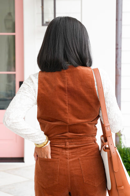 Plus/Reg Camel Corduroy V Neck Button Down Vest