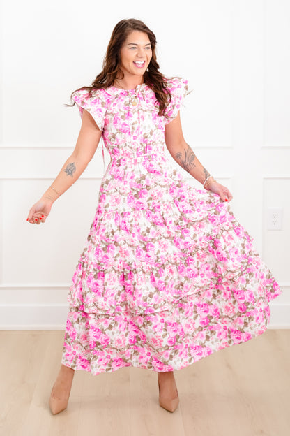 Floral Print Tiered Maxi Dress with Side Cut Out Detail