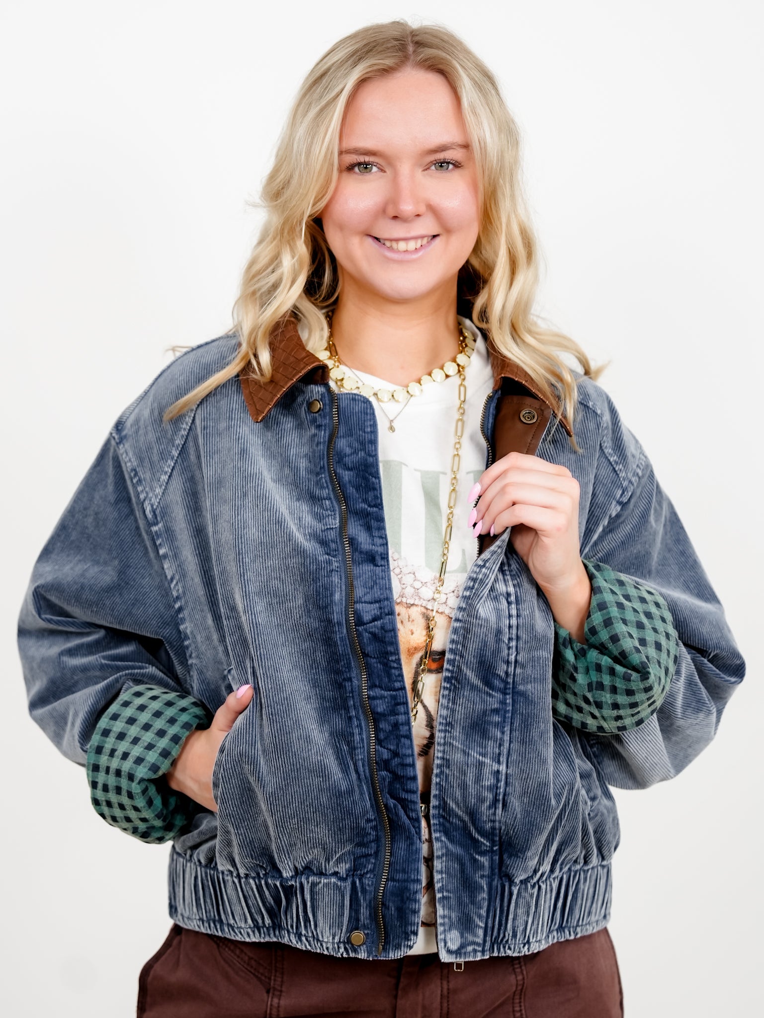 Plus/Reg Mineral Wash Corduroy Zip Up Bomber Jacket - Freckled Poppy