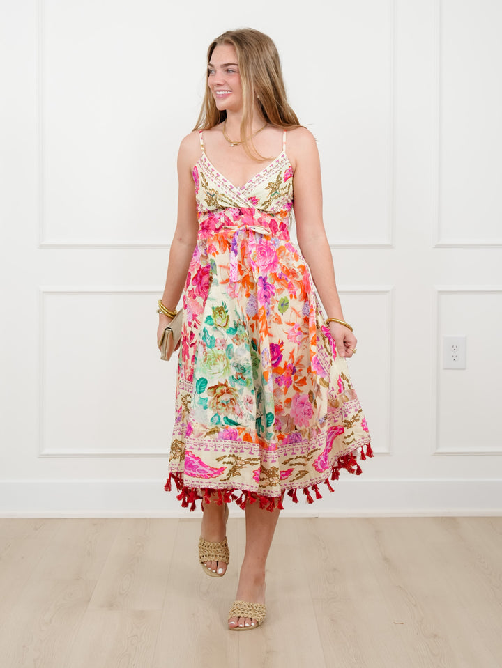 POL Floral Print Sleeveless V Neck Midi Dress with Tassel Hem