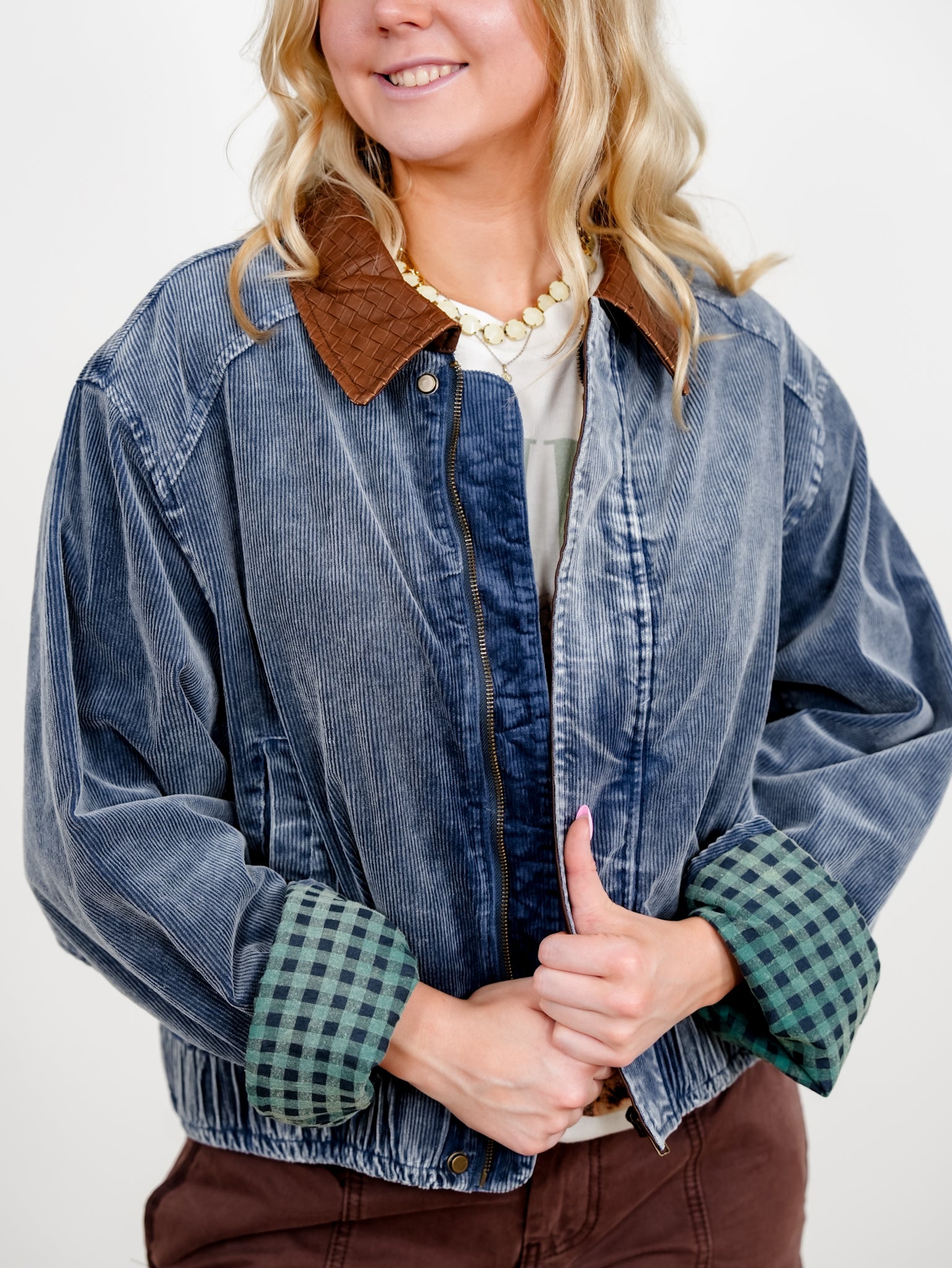 Plus/Reg Mineral Wash Corduroy Zip Up Bomber Jacket - Freckled Poppy