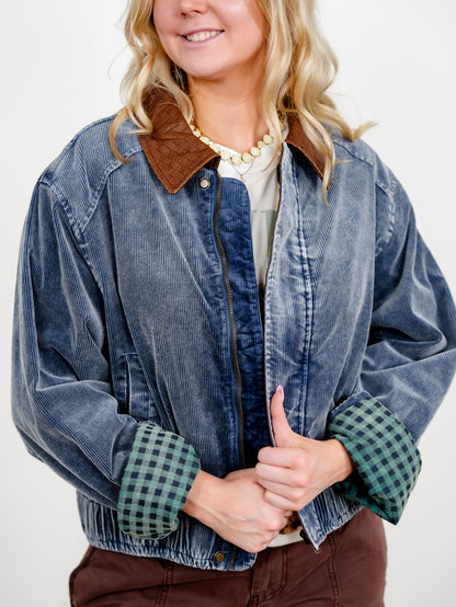 Plus/Reg Mineral Wash Corduroy Zip Up Bomber Jacket - Freckled Poppy