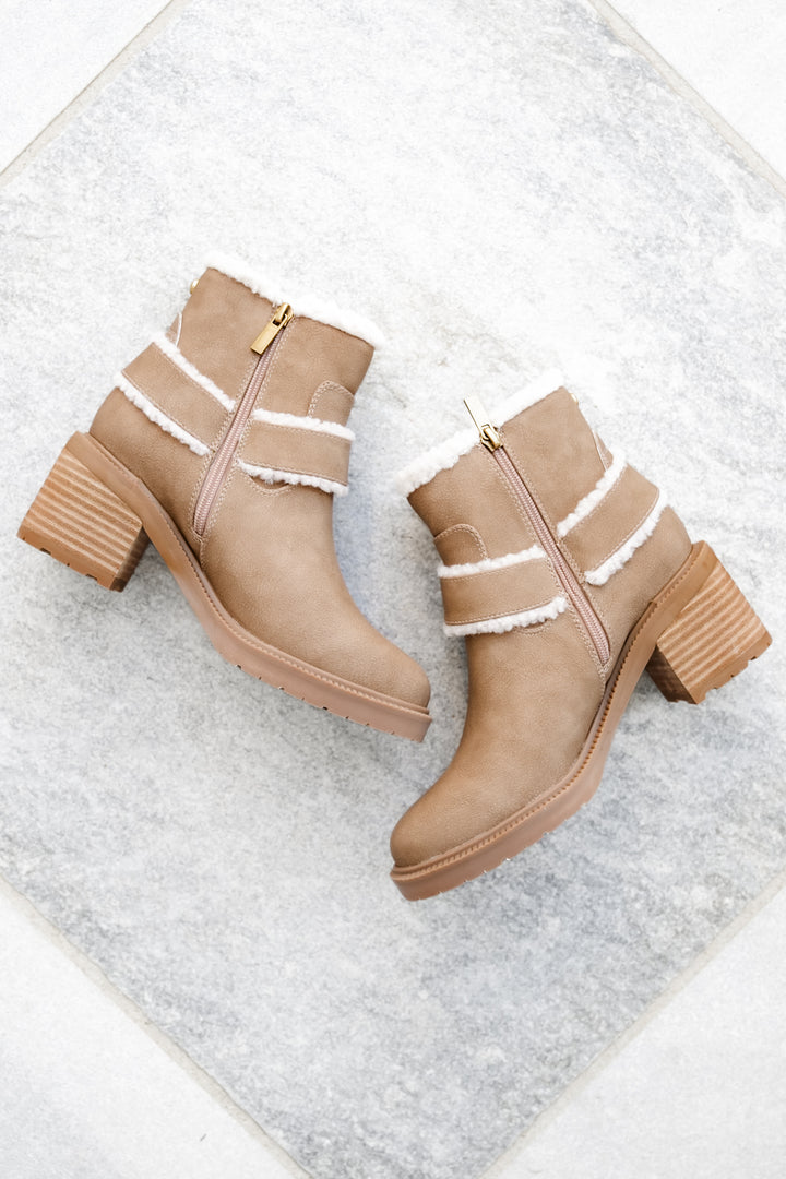 Yellow Box Vegan Suede Ankle Boot with Shearling Trim