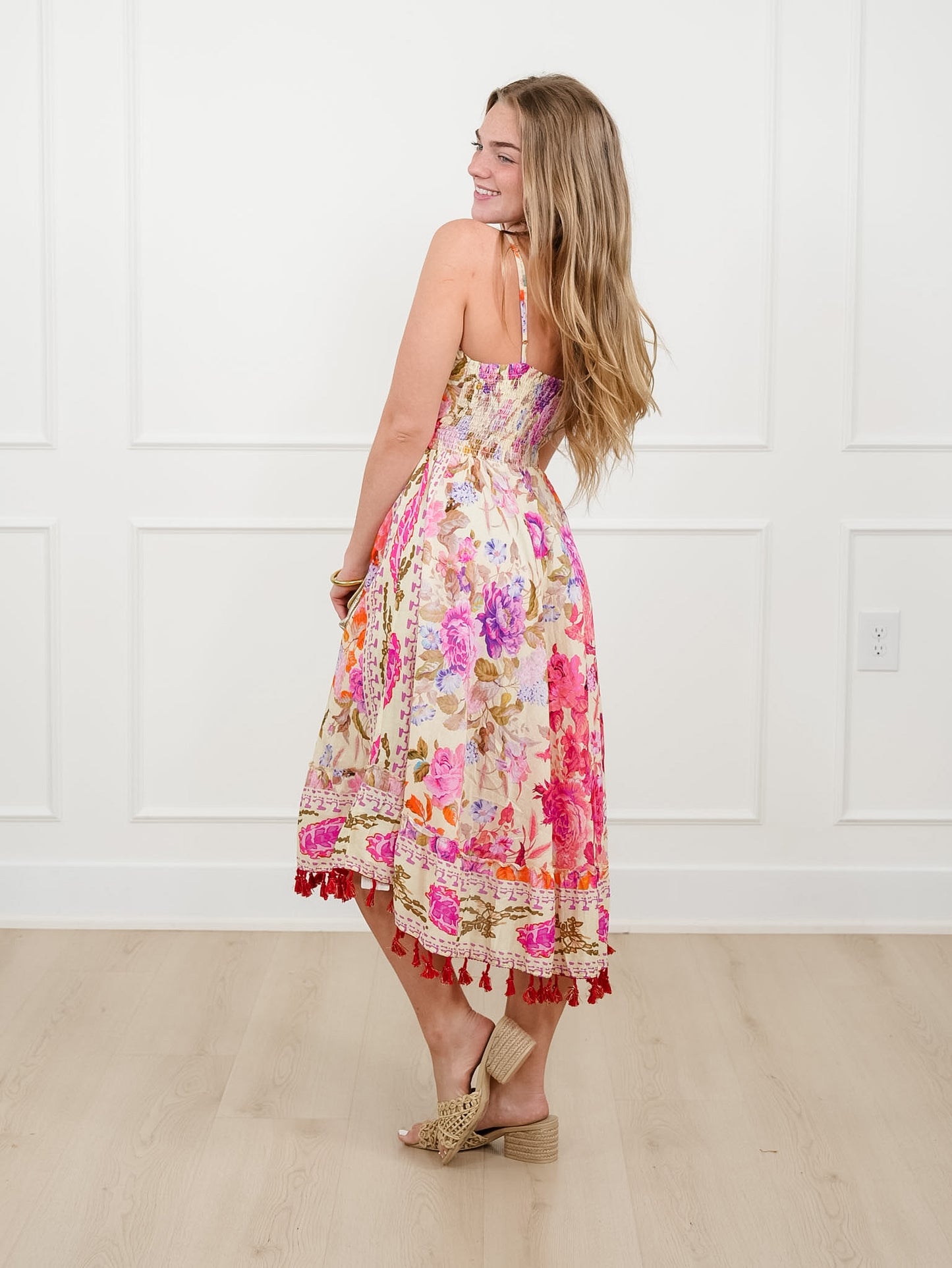 POL Floral Print Sleeveless V Neck Midi Dress with Tassel Hem