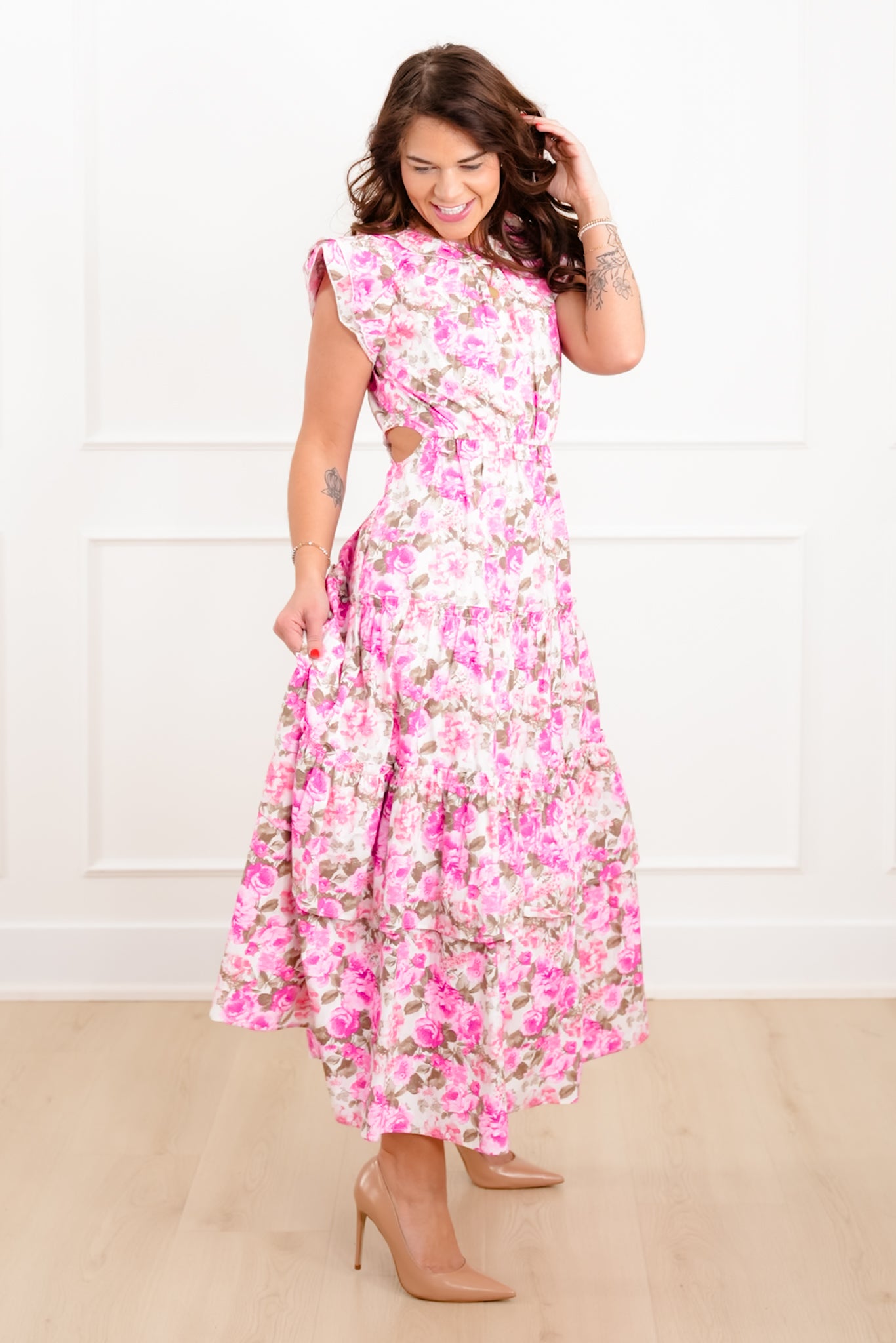Floral Print Tiered Maxi Dress with Side Cut Out Detail Pink / S