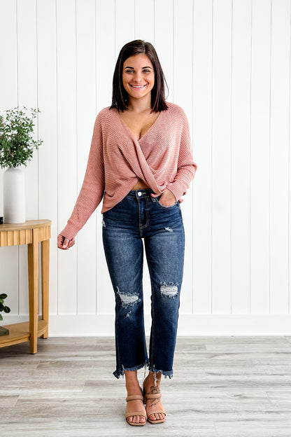 Risen High Rise Dark Wash Crop Step Chew Jeans