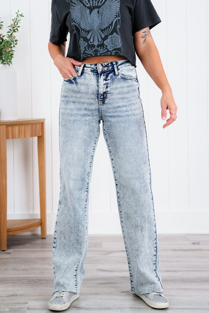 Judy Blue  Bad Blood High Rise Light Mineral Wash Raw Hem Wide Leg Jeans