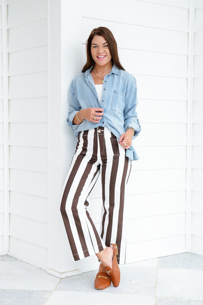 Mica High Rise Brown and Cream Striped Cropped Wide Leg Jeans