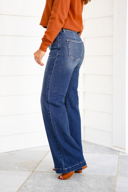 Risen High Rise Dark Wash Double Waistband Wide Leg Jeans