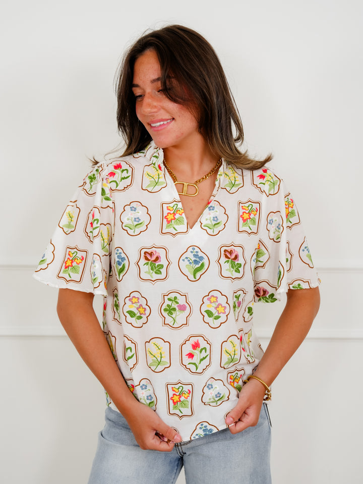 Embroidered Floral Short Sleeve V Neck Top