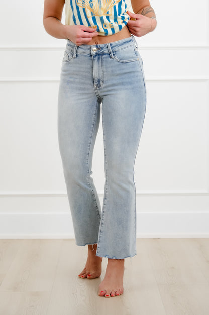 Judy Blue Mid Rise Light Wash Kick flare with Raw Hem