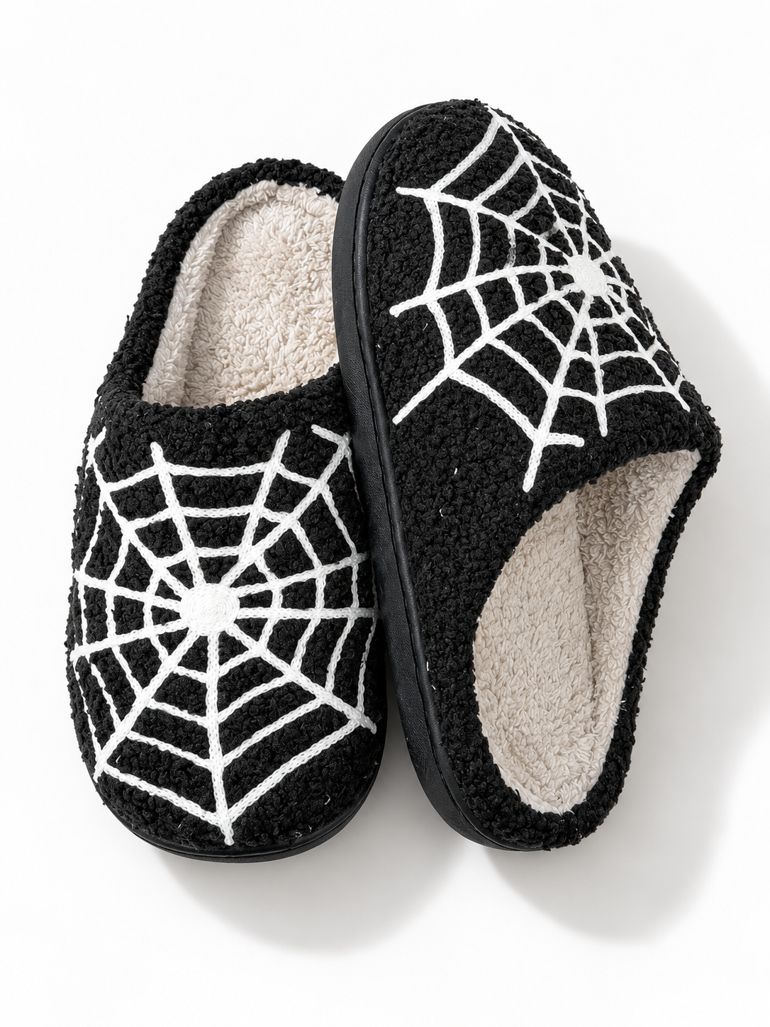 Plush Spiderweb Embroidered Slippers