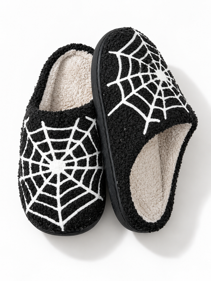 Plush Spiderweb Embroidered Slippers