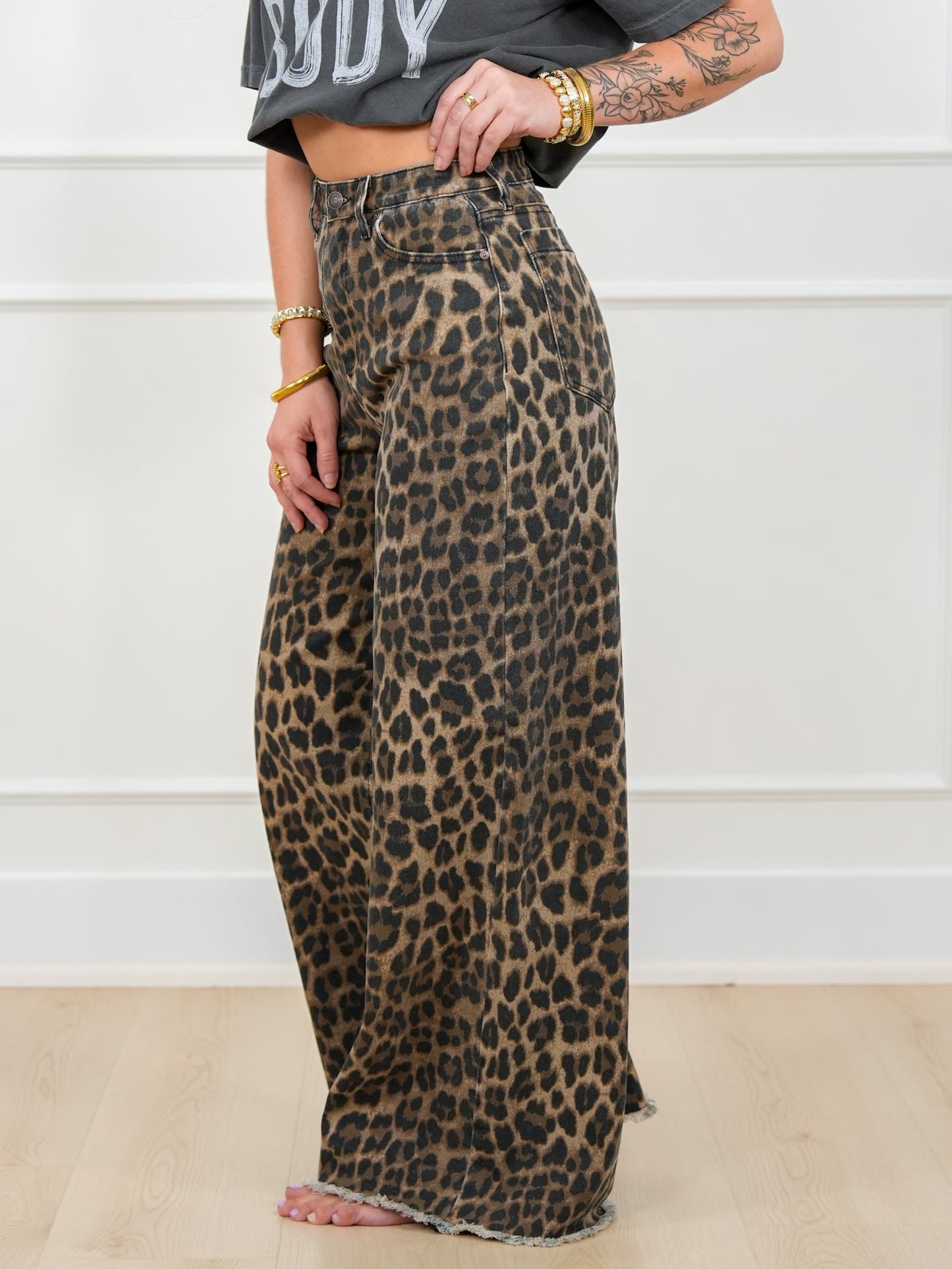Saige High Rise Leopard Tummy Control Elastic Waist Band Wide Leg Jeans
