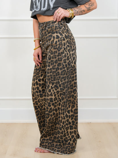 Saige High Rise Leopard Tummy Control Elastic Waist Band Wide Leg Jeans