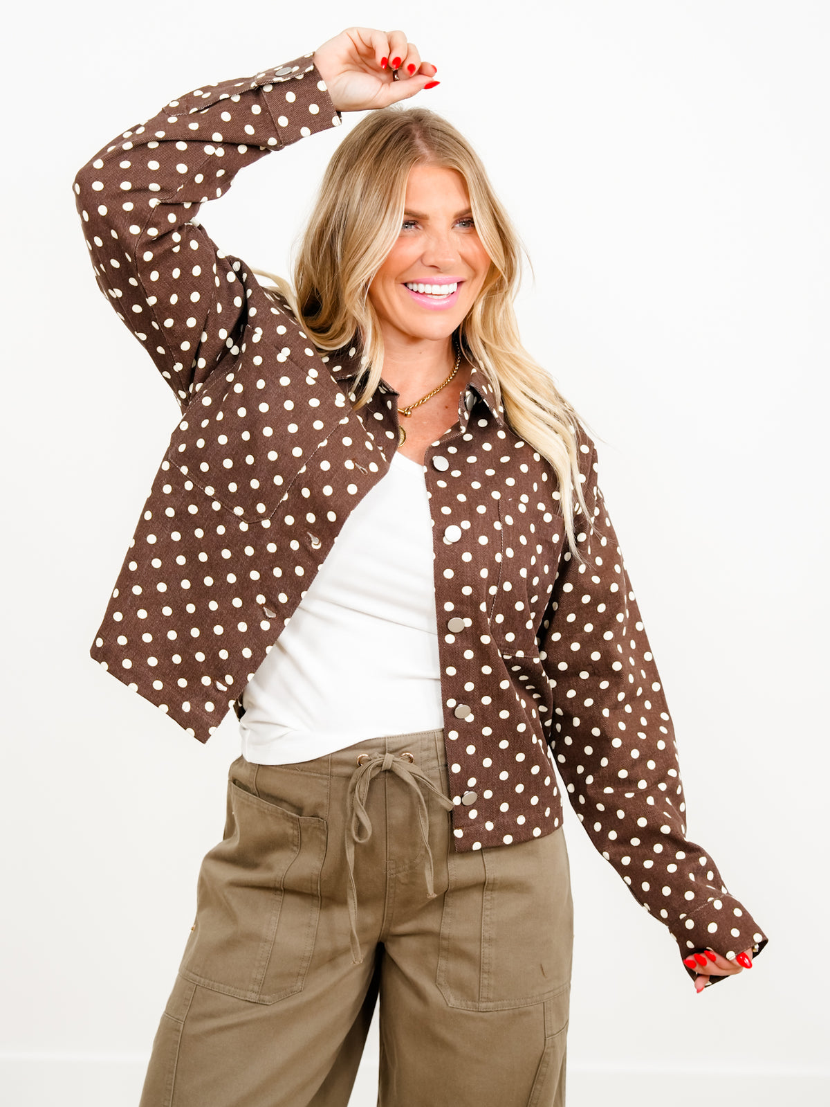 Brown Polka Dot  Long Sleeve Button Down Jacket