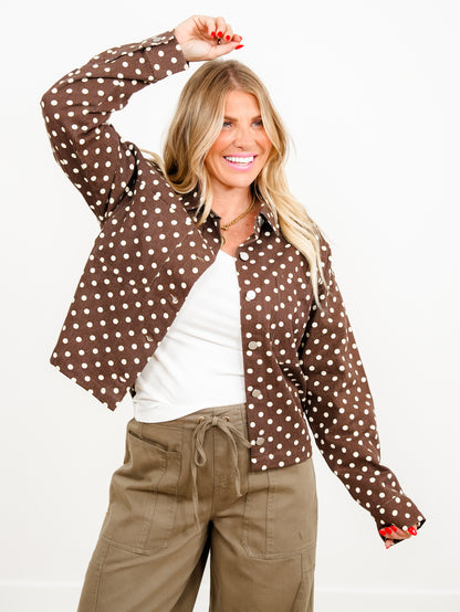 Brown Polka Dot  Long Sleeve Button Down Jacket