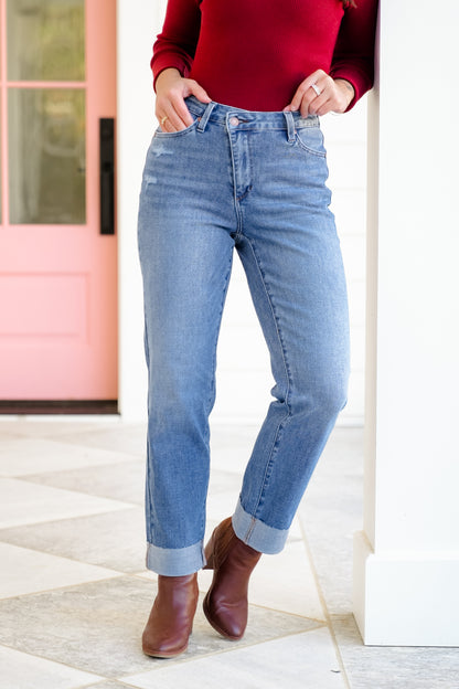 Judy Blue High Rise Medium Wash Distressed Criss-Cross Cuffed Boyfriend Jeans